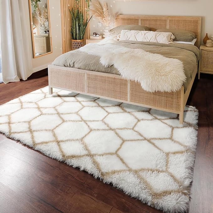 ONASAR 5x7 Area Rugs for Living Room Bedroom, Fluffy White and Beige Faux Fur - Image 4