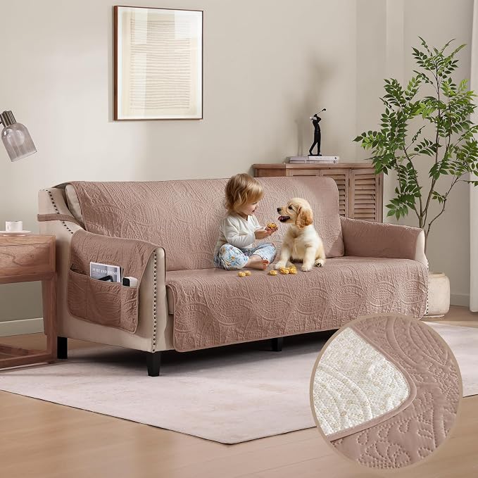 Quilted Sofa Slipcovers with Pockets, Anti-Slip Medallion Designed Couch Covers by Pamhaven