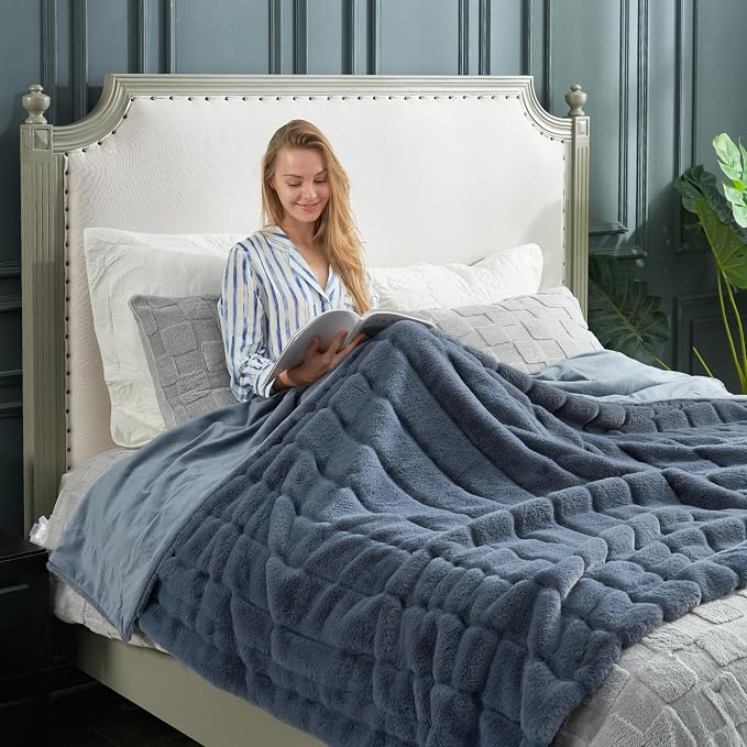 Cozy Bliss Deluxe Sheared Rabbit Faux Fur Throw Blanket, Soft Fuzzy High-Low - Image 2