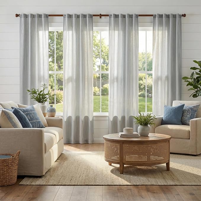 jinchan Linen Curtains for Living Room Blue on Beige Striped Curtains for - Image 3