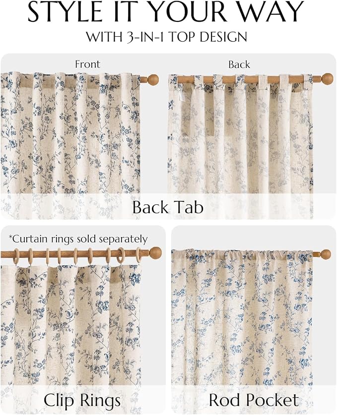 jinchan Linen Floral Curtains for Living Room 96 Inch Length Blue Printed - Image 8