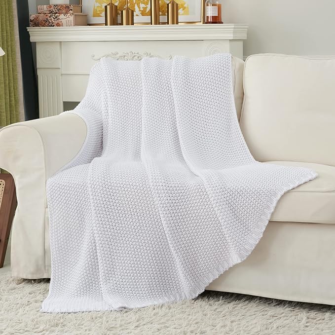 Chunky Cable Knit Throw Blanket Lightweight White 100% Organic Cotton Blanket - Image 5