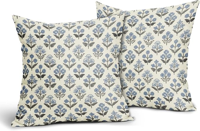 Black Blue Floral Block Print Pillow Covers 20x20 Inch Set of 2, Vintage Flower - Image 2