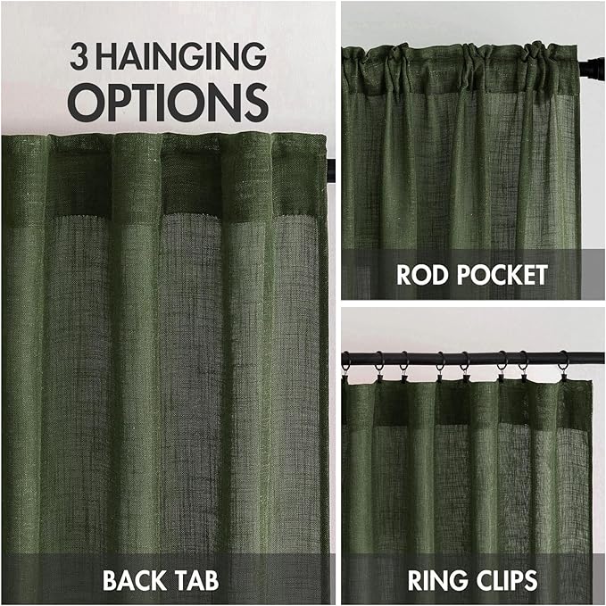 MIULEE Olive Green Linen Curtains 54 Inch Length 2 Panels - Image 3