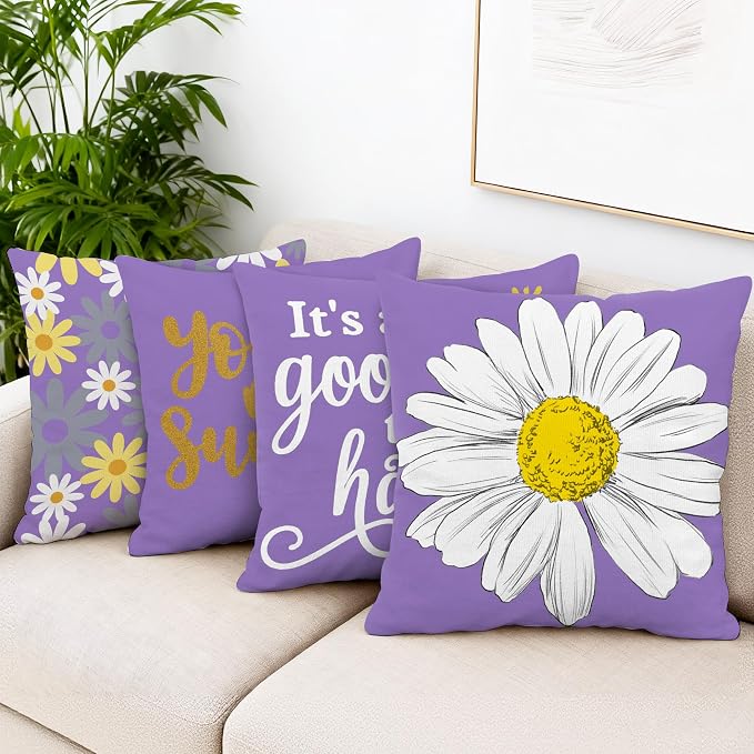 Hexagram Spring Summer Pillow Covers 18x18 Set of 4, Outdoor Floral Daisy - Image 2