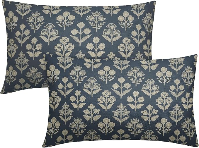 Dusty Blue Pillow Covers 12x20 Inch Set of 2, Cream Floral Block Print Pattern by Sivirary