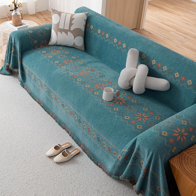 VClife Boho Couch Cover Green Geometric Jacquard Pattern Sofa Cover, 1 Piece - Image 8