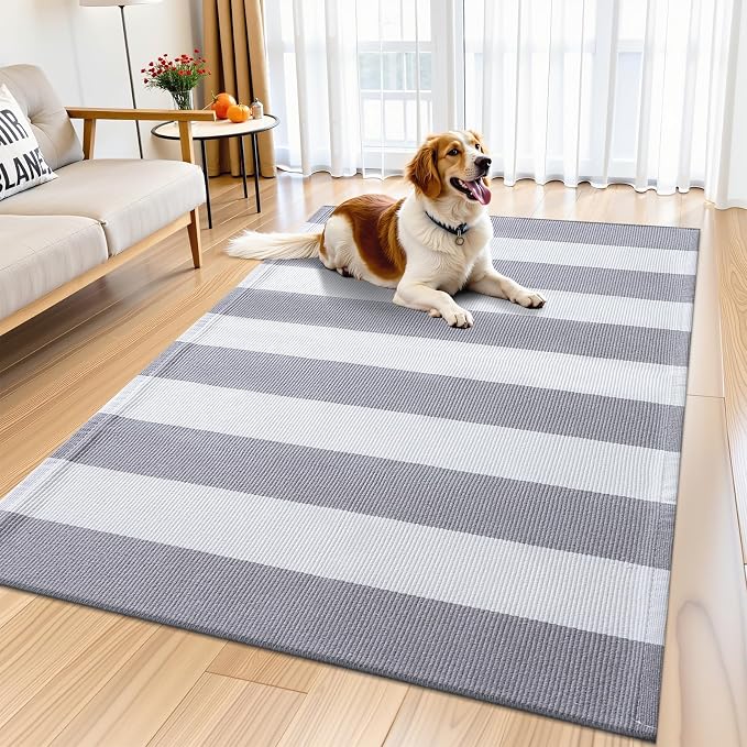 OLANLY Grey and White Striped Rug 3' x 5' – Washable Cotton Indoor Outdoor - Image 8
