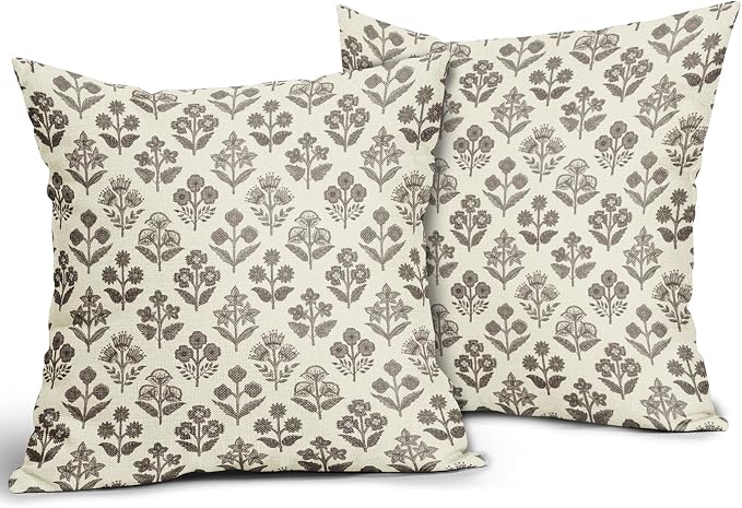 Dark Brown Floral Pillow Covers 22x22 Inch Set of 2, Vintage Flower Block Print - Image 2