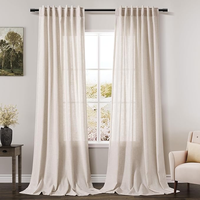 Extra Long Curtain 108 inches Long 2 Panels Set Back Tab Beige Linen Drapes by Nanspring