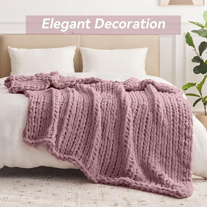 Negwoo Chunky Knit Throw Blanket, Handmade Muted Pink Crochet Big Thick Blanket - Image 2