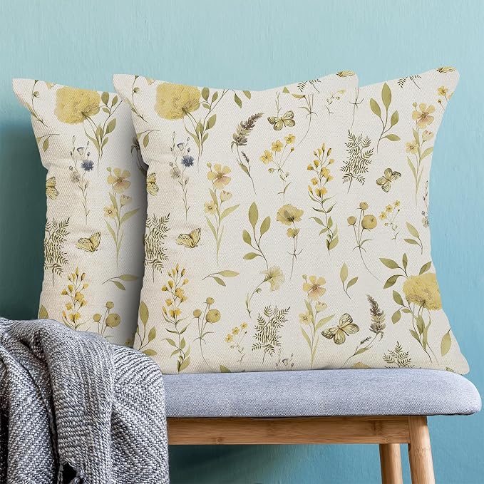 Spring Pillow Covers 16x16 Inch Set of 2, Mustard Yellow Green Wild Flower - Image 2