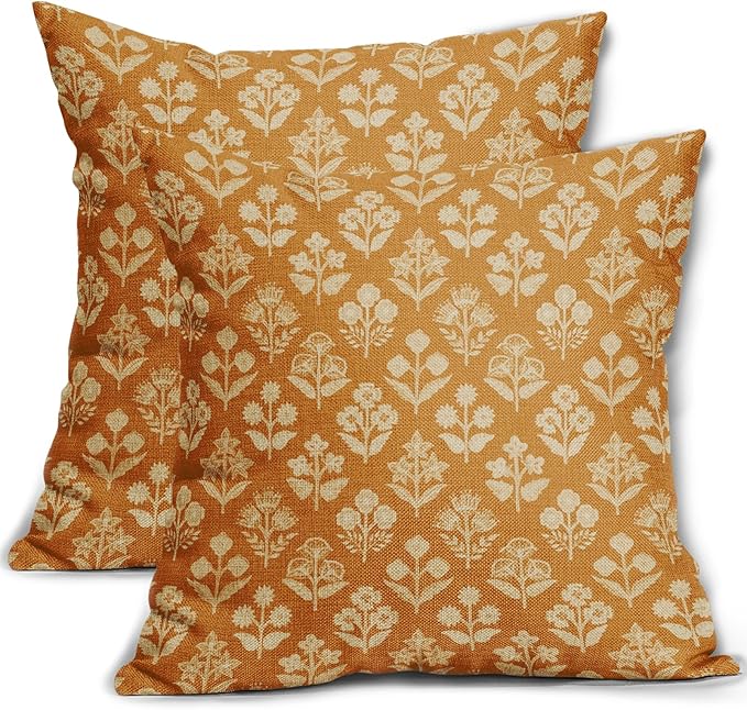 Mustard Yellow Floral Block Print Pillow Covers 20x20 Inch Set of 2, Vintage by Sivirary