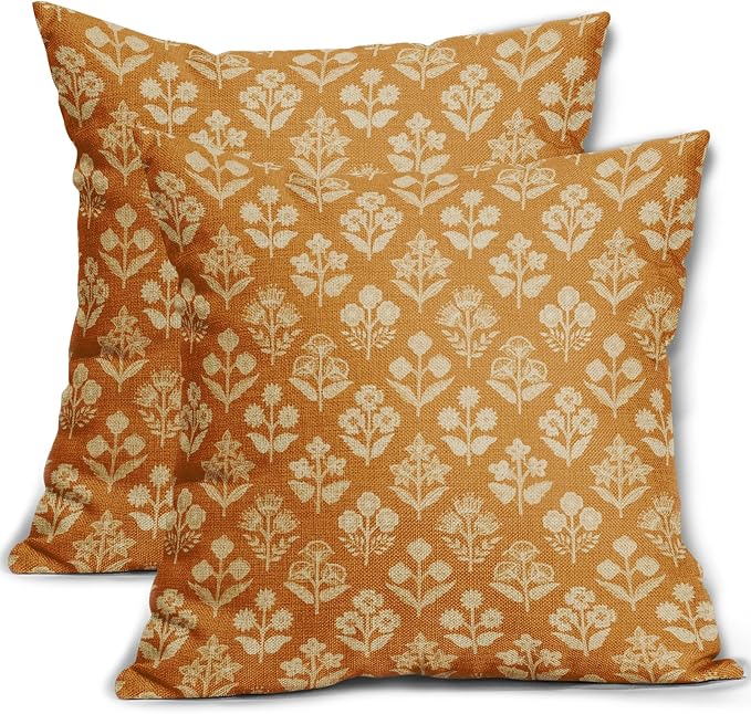 Mustard Yellow Floral Block Print Pillow Covers 18x18 Inch Set of 2, Vintage by Sivirary