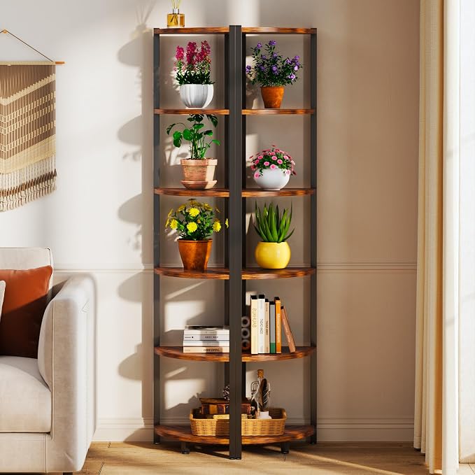Corner Shelf with LED Lights, 6-Tier Corner Bookshelf, Rustic Brown - Image 7