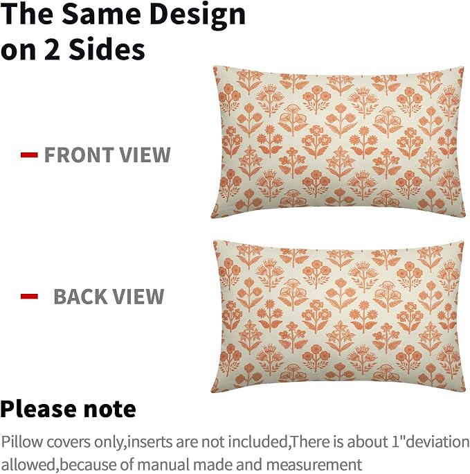 Orange Floral Pillow Covers 12x20 Inch Set of 2, Block Print Lumbar Flower - Image 4