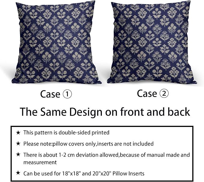 Navy Blue Floral Block Print Pillow Covers 20x20 Inch Set of 2, Vintage Flower - Image 6
