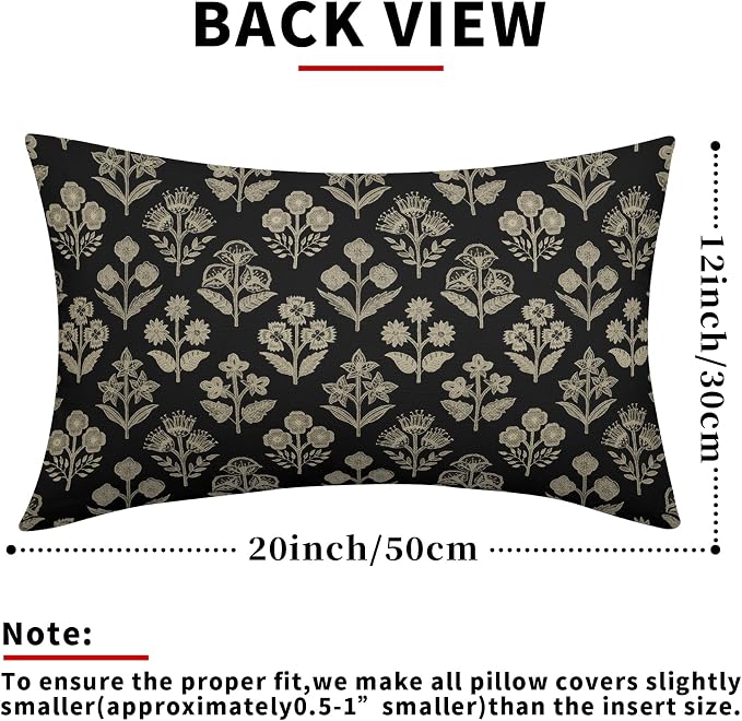 Black Pillow Covers 12x20 Inch Set of 2, Cream Floral Block Print Pattern - Image 3