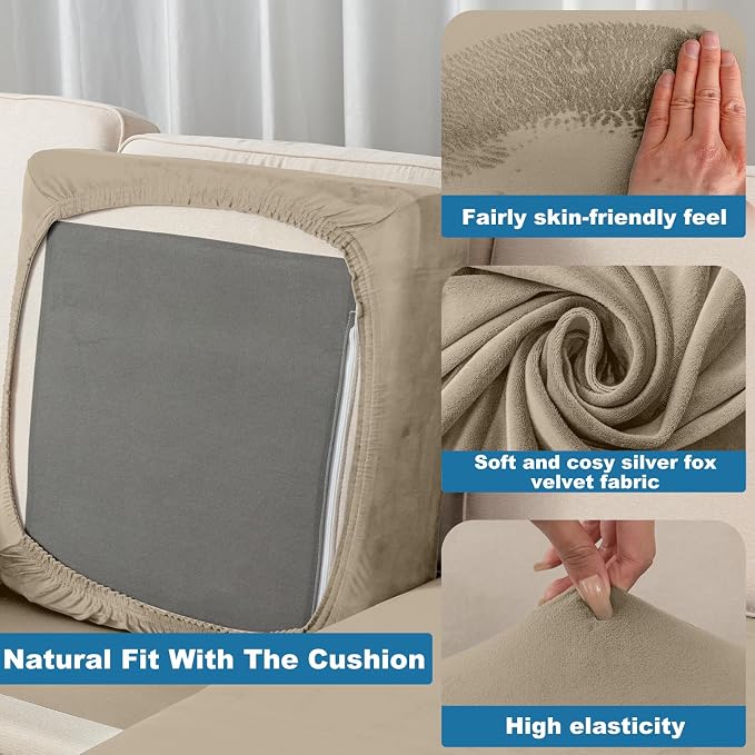 Couch Cover 3-Piece Elastic Velvet Couch Cushion Covers & Chaise Slipcovers - Image 4