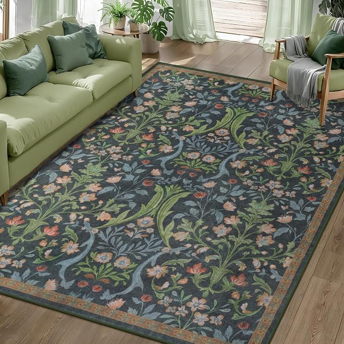 Tangsoo 5x7 Area Rug for Living Room Non Slip, Washable Vintage Green Floral - Image 2