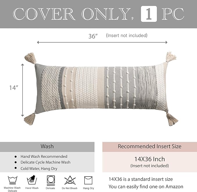BlissBlush Gray Boho Lumbar Throw Pillow Cover 14x36 Grey Accent Long Body - Image 4