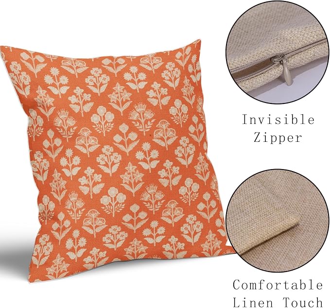 Orange Floral Block Print Pillow Covers 16x16 Inch Set of 2, Vintage Flower - Image 4
