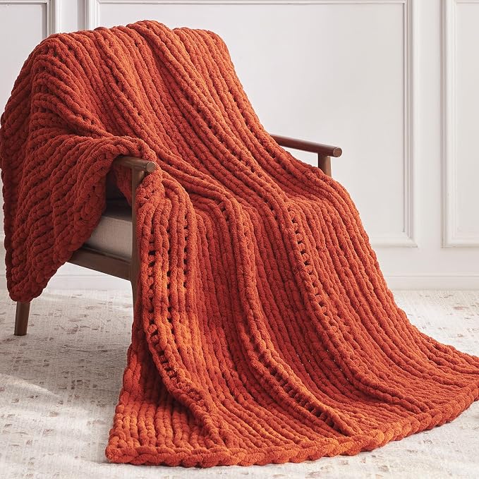 Negwoo Chunky Knit Throw Blanket, Handmade Orange Crochet Big Thick Blanket - Image 2