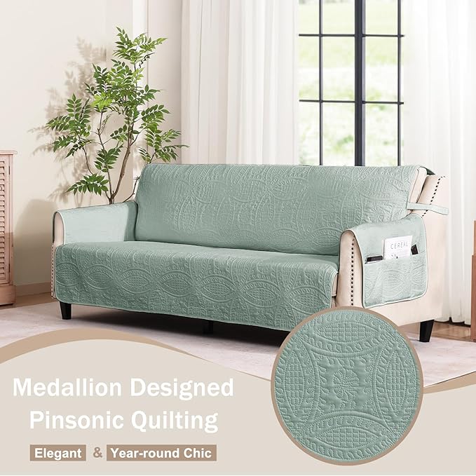 Sage Blue Quilted Sofa Cover, Anti-Slip Medallion Designed Couch Covers - Image 2