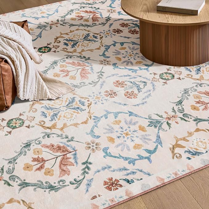 Phantoscope Washable Area Rug 5'x7' Non-Slip, Vintage Floral Boho Rugs - Image 6