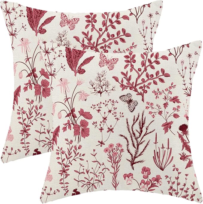 Christmas Pillow Covers 18x18 Inch Set of 2, Burgundy Red Wild Flower Plant by AEIOAE