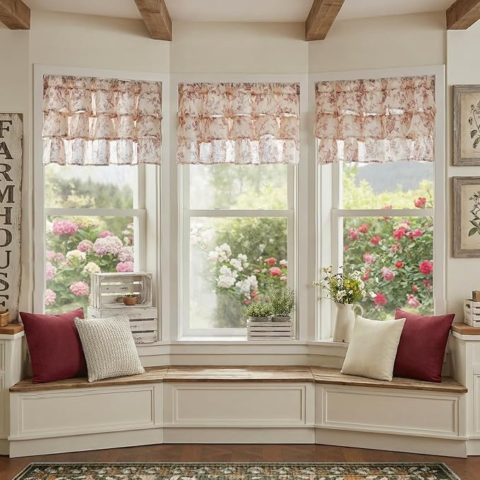 jinchan Amlie Ruffled Floral Valance Curtain Shabby Chic Linen Kitchen Valance - Image 4