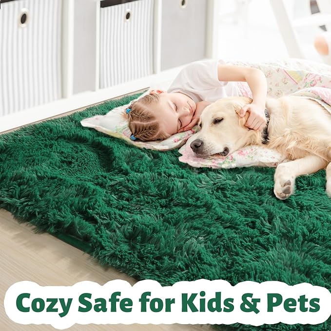 Amdrebio Dark Green Area Rugs for Living Room, Fluffy Thick Rug for Bedroom - Image 4