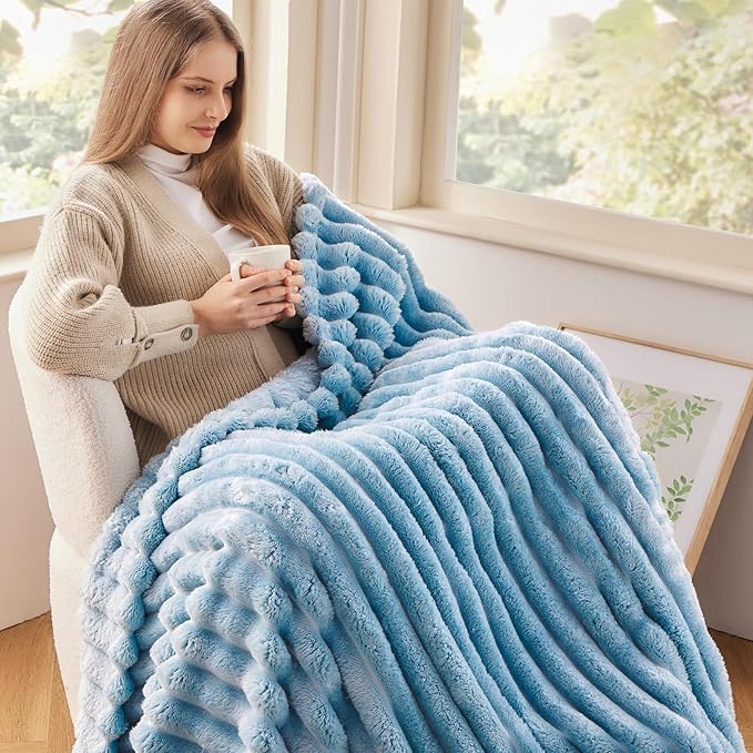 NEWCOSPLAY Super Soft Twin Blanket Blue Premium Silky Flannel Fleece 3D Ribbed - Image 2