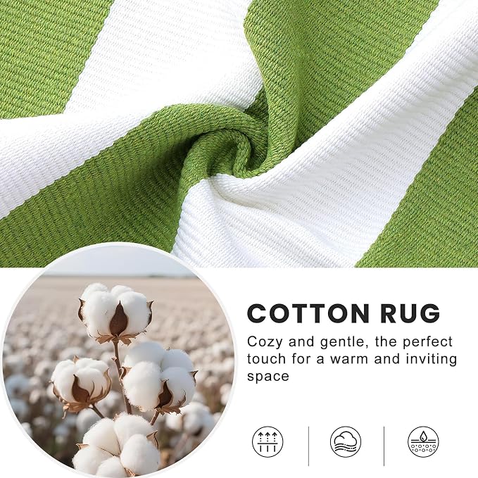 OLANLY Green and White Striped Rug 3' x 5' – Washable Cotton Indoor Outdoor - Image 3