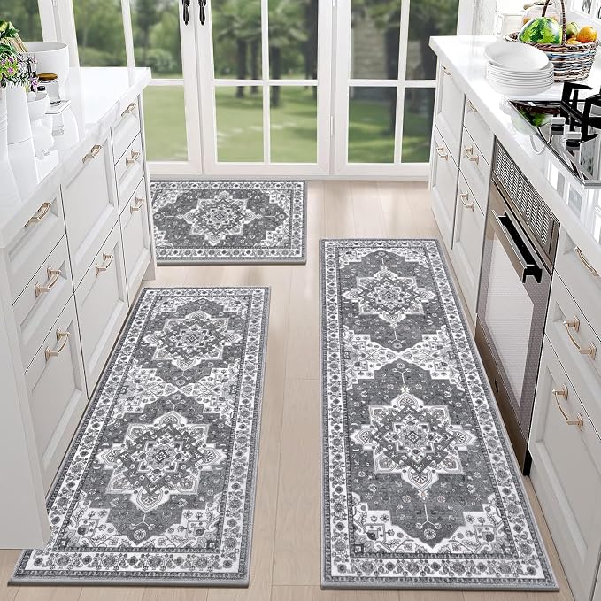 HEBE Farmhouse Kitchen Rugs Sets of 3 Non Slip Washable Boho Kitchen Rugs and by HEBE