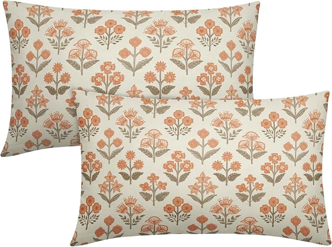 Brown Orange Floral Pillow Covers 12x20 Inch Set of 2, Block Print Lumbar by Sivirary