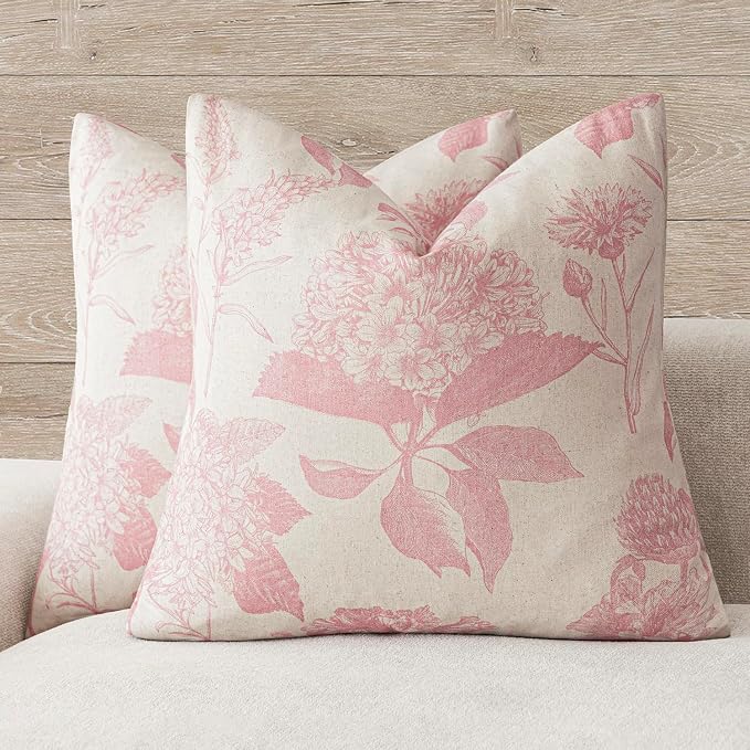 Foindtower Set of 2 Linen Floral Throw Pillow Covers Neutral Vintage Print by Foindtower