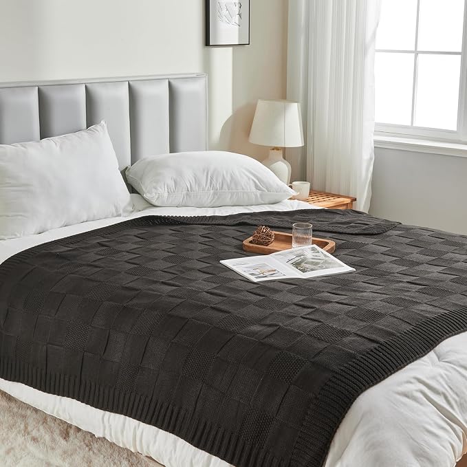 CozeCube Check Knit Throw Blanket, Jet Black Checkered Throw - Image 6