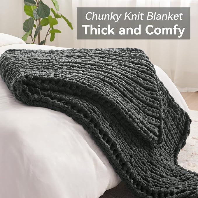 Negwoo Chunky Knit Throw Blanket, Handmade Dark Grey Crochet Big Thick Blanket - Image 5
