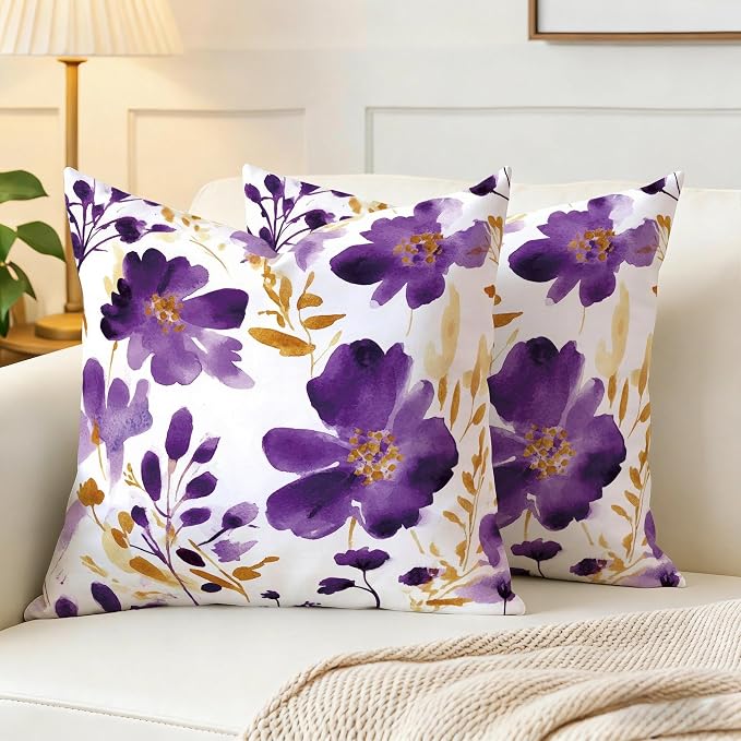 Purple Gold Watercolor Floral Throw Pillow Covers 18x18 Set of 2, Boho Gold - Image 3
