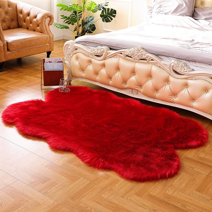 Fluffy Faux Fur Rug Red Sheepskin Area Rug, 4x6 Ft Ultra Soft Shaggy Plush Rug - Image 8