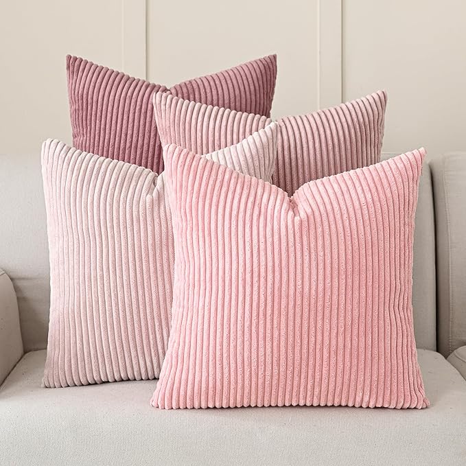 Volcanics Set of 4 Pink Corduroy Decorative Couch Throw Pillow Covers 18x18 Inch by Volcanics