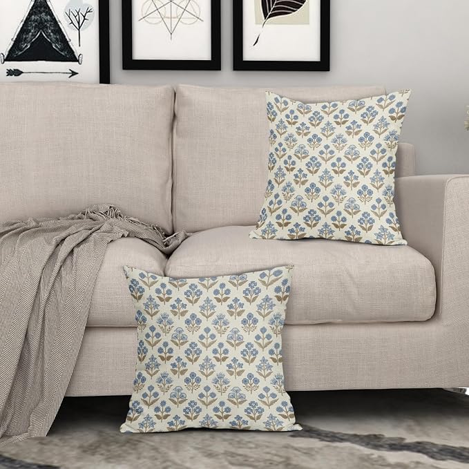 Brown Blue Floral Block Print Pillow Covers 16x16 Inch Set of 2, Vintage Flower - Image 3