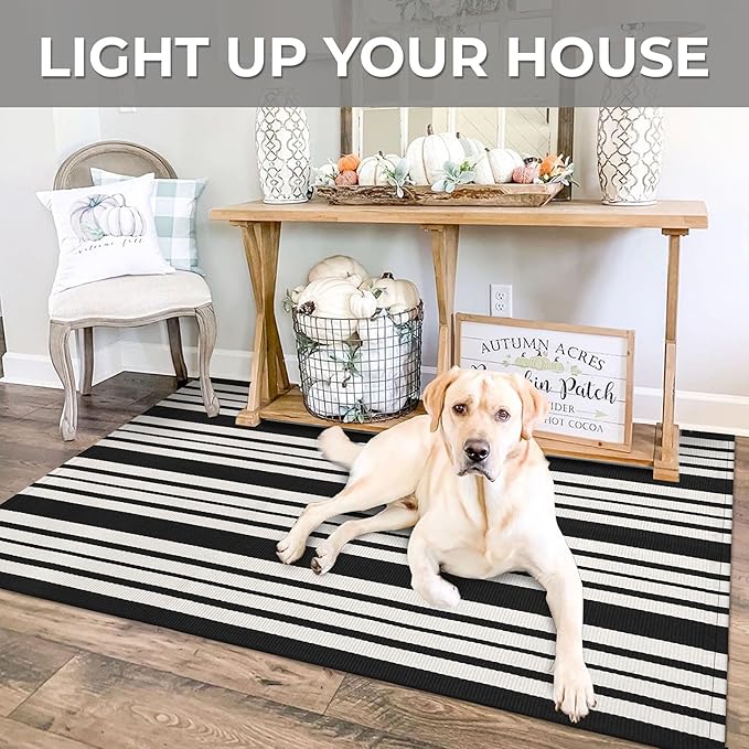 IOHOUZE Black and White Striped Rug 3'x5' Front Door Rugs Outdoor, Washable - Image 4