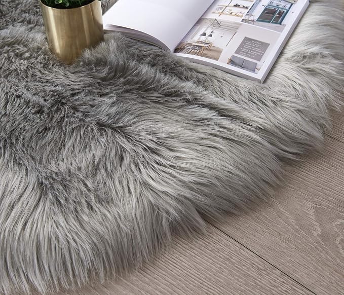 SERISSA Faux Sheepskin Fur Area Rug Grey Fur Chair Cover Seat Pad Small Fuzzy - Image 7