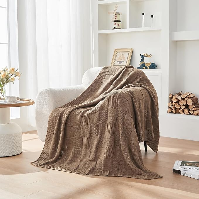CozeCube Check Knit Throw Blanket, Light Brown Checkered Throw - Image 3