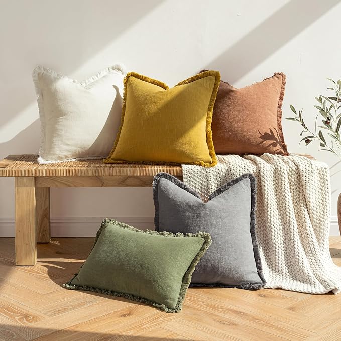 MIULEE Decorative Lumbar Throw Pillow Covers Neutral Linen Fringe Throw Pillows - Image 6