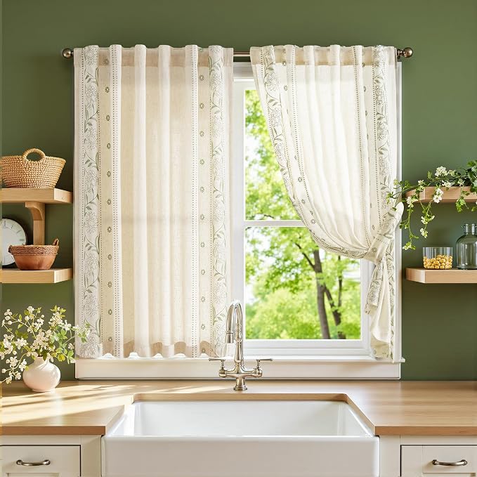 jinchan Winslow Linen Curtains 45 Inch Length Small Window Curtains Embroidered by JINCHAN