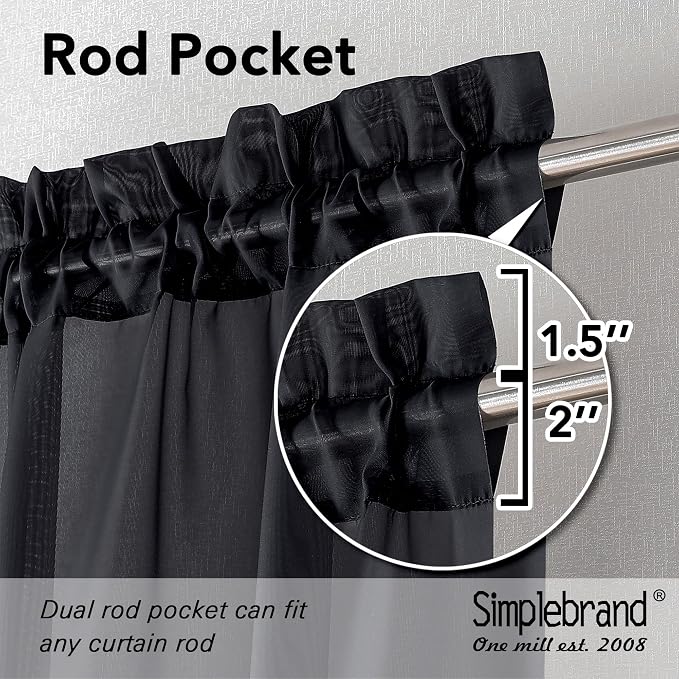 Simplebrand Black Sheer Curtains 96 Inches Long, Light Filtering Rod Pocket - Image 6