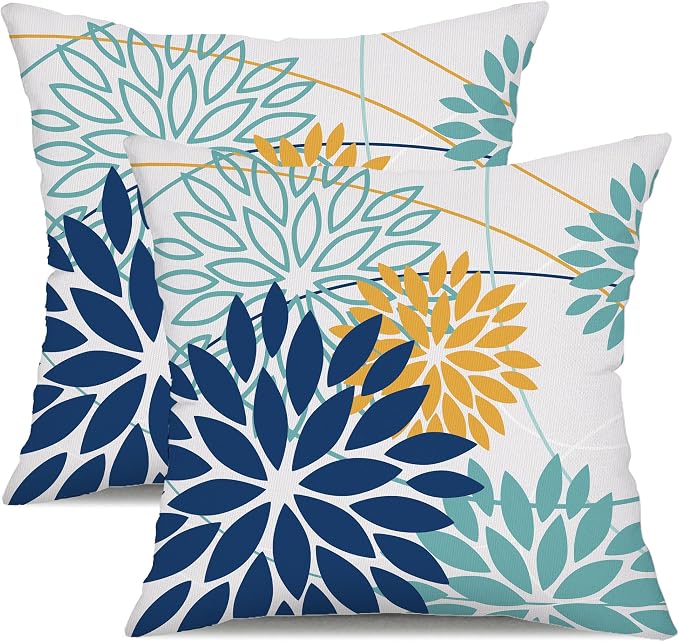 DFXSZ Dark Blue and Light Green Floral Pillow Covers 16x16 Set of 2 Outdoor by DFXSZ